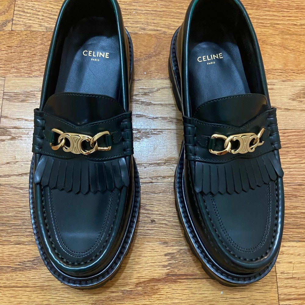 Brand New Céline Women’s Triomphe Margaret Loafers Leather Green size 36